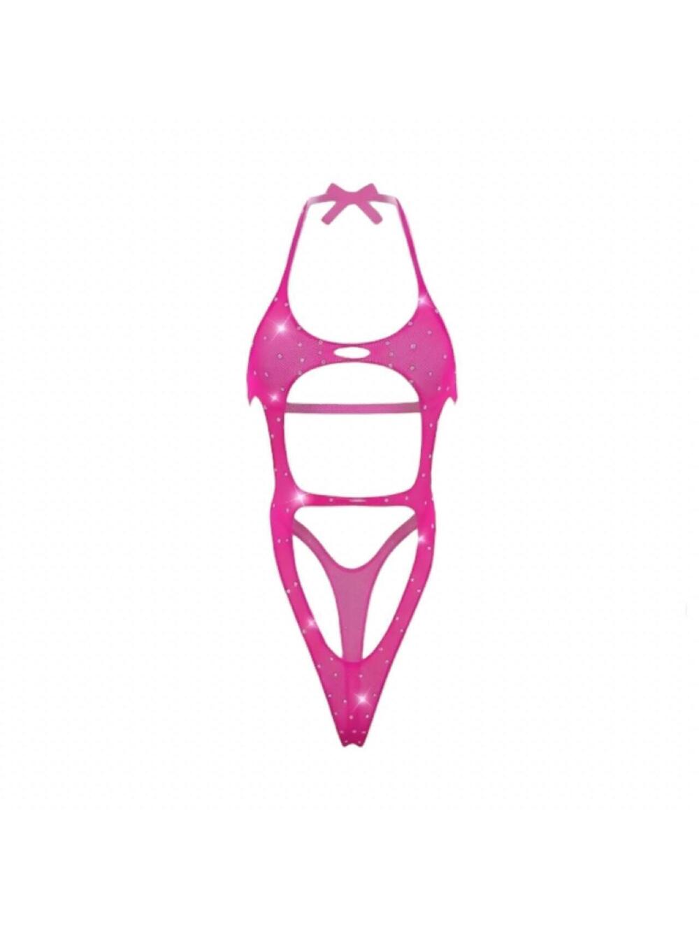 Neon Pink Rhinestone Cutout Bodysuit